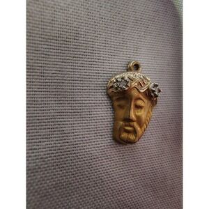 14K Gold Pendant Charm Face of Jesus Diamond Crown of Thorns Signed Marked 14K